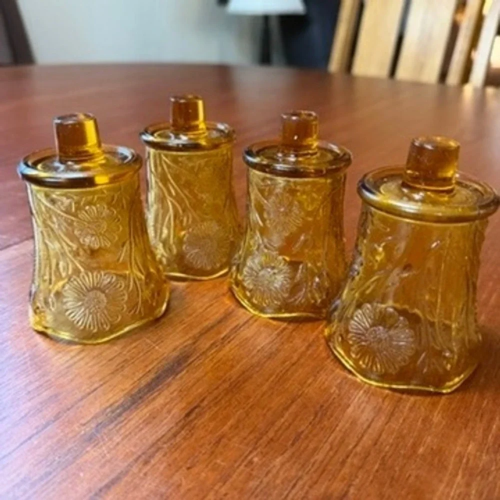 Vintage Amber Pressed Glass Daisy Votive Candle Holders Set of 4 Retro Decor